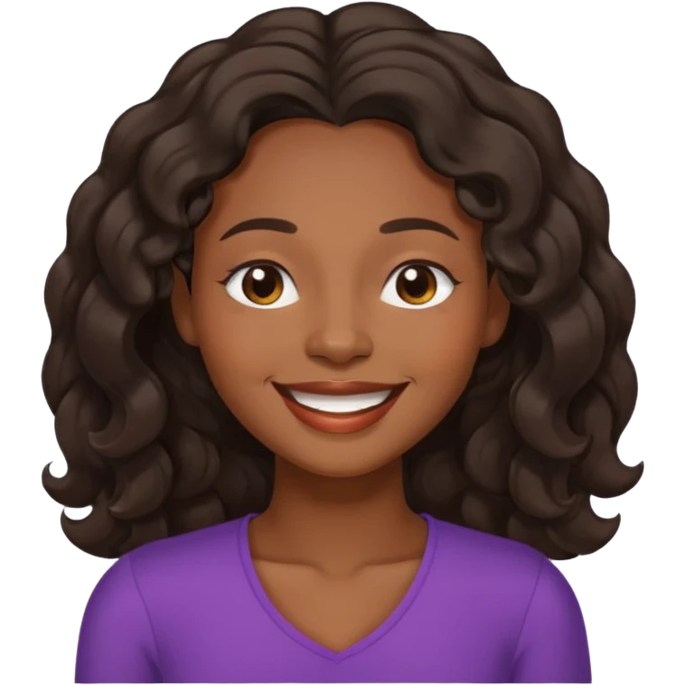 Happy fuller  face with big smile showing top teeth,  high cheek bones, dark brown skin color black women wavy hair shoulder length, eyes slightly closed emoji