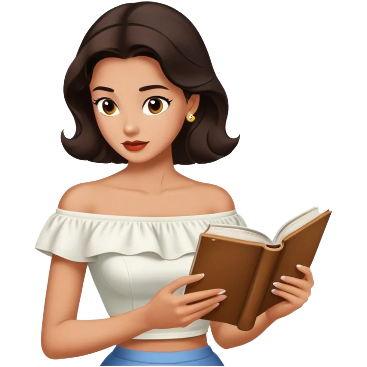Beautiful woman in 1950’s woman fashion look, off-shoulder white shirts crop top, long dark brown hair, reading emoji