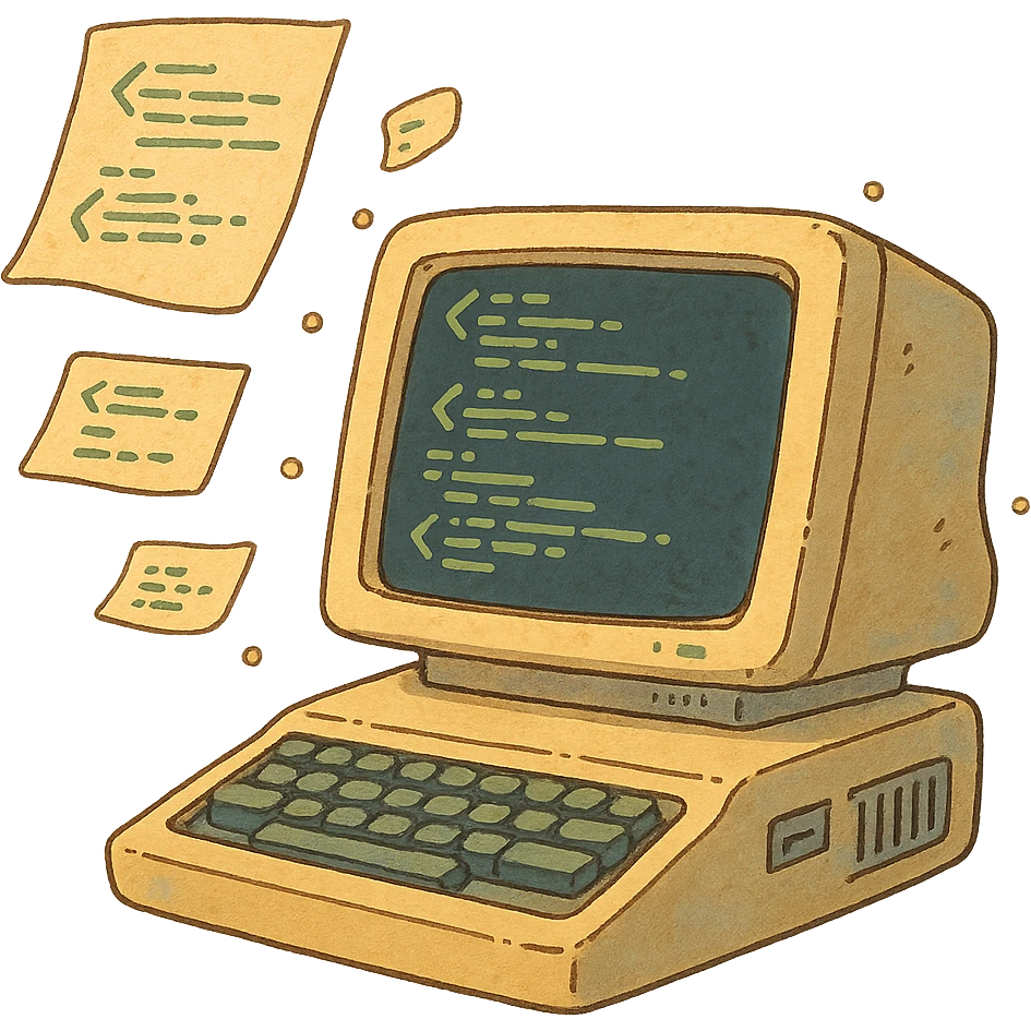 ghibli style illustration of software, whimsical computer with floating code emoji