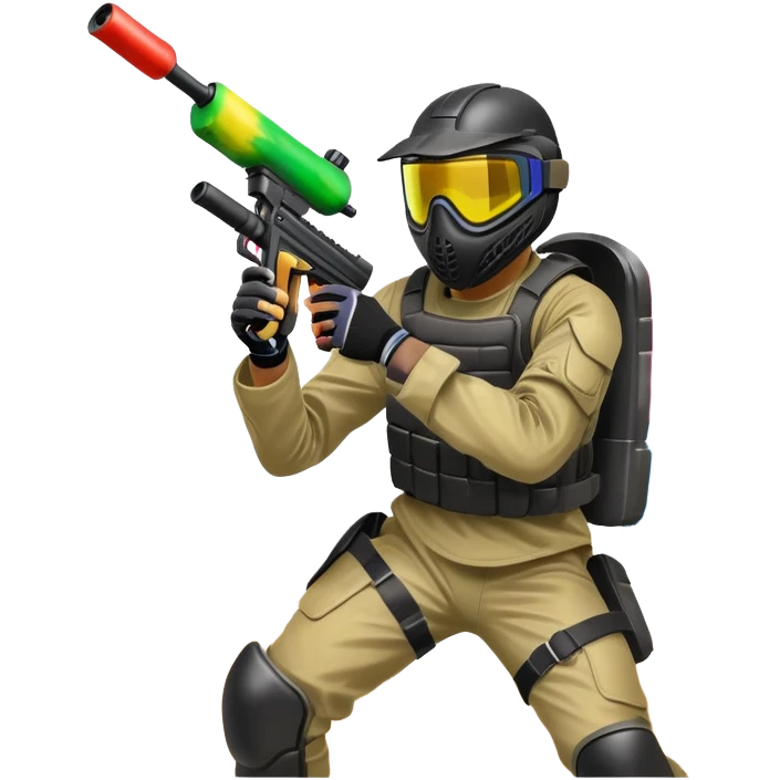 A dynamic scene of a player in action, holding a paintball gun and wearing protective gear. The background shows a vibrant paintball field with obstacles, colorful splatters of paint in the air, and an intense, competitive atmosphere. emoji