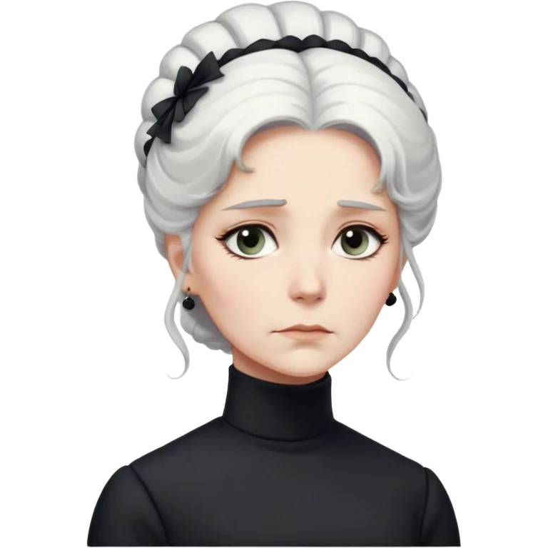 A Victorian woman with elegant coiffed white hair and light eyes wearing a modest unadorned monochrome black turtleneck mourning dress looking down with a forlorn expression emoji