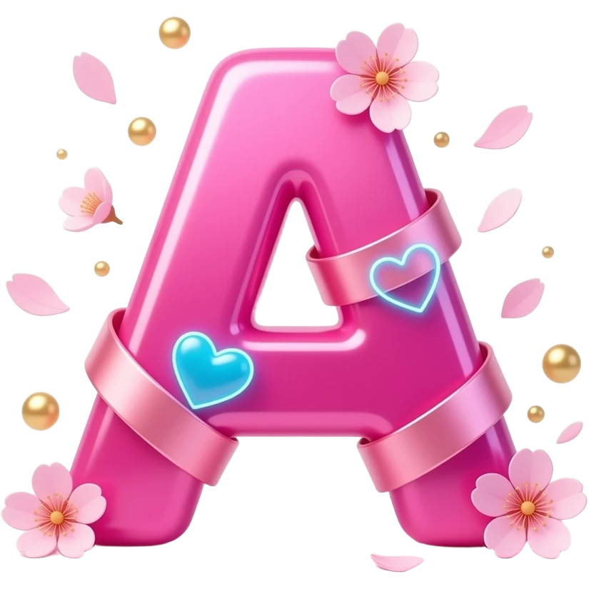 A sleek, glowing hot pink letter 'A' adorned with satin ribbons and glowing neon-blue hearts. Surrounded by floating cherry blossom petals and golden bokeh. Vibrant, modern, and feminine with a cinematic glow emoji