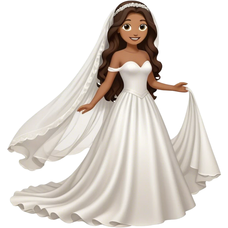 Full body tan woman with dark brown long hair Hollywood wave hair. Wearing a white wedding dress, veil happy emoji
