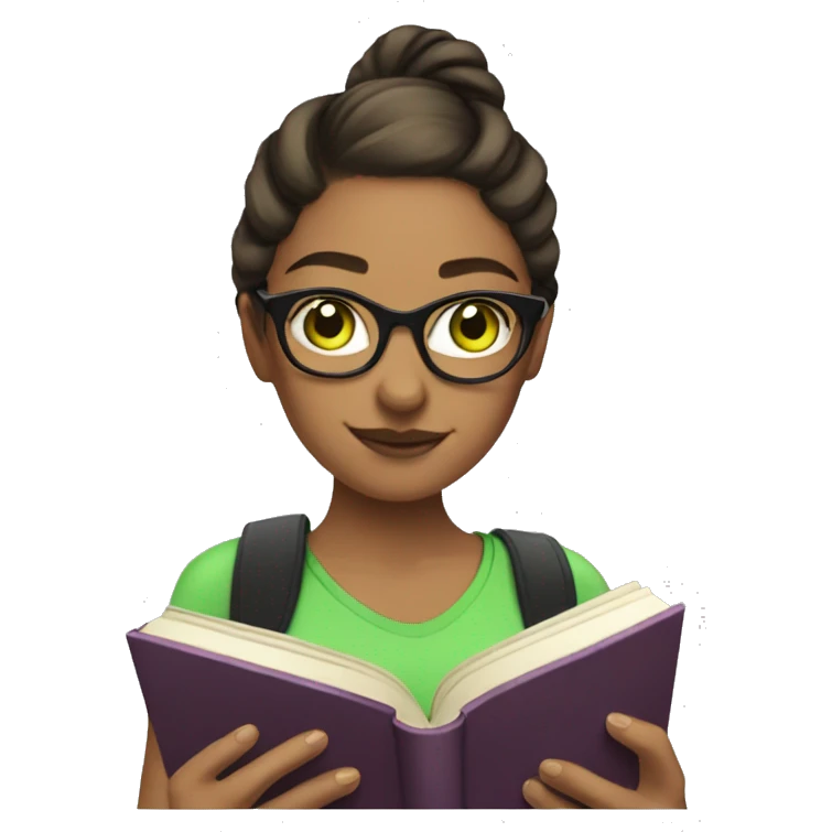 woman ponytail no bangs glasses green eyes holding books libra emoji