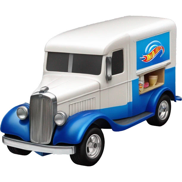 Hot wheels style, ice cream truck from 1934 with wide chrome mag wheels, blue, no ice cream on top of truck, open selling window.  emoji