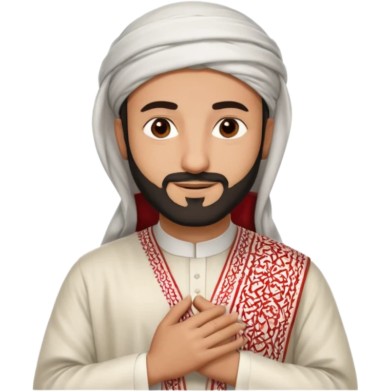 detailed iPhone-style emoji of a Saudi man in traditional attire: white thobe, red-and-white shemagh, black agal, short beard, brown eyes, calm smile, both hands gently crossed on chest emoji