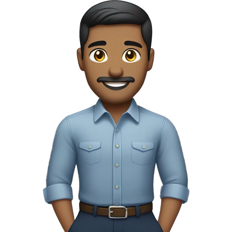 navajo  emoji of a man with short dark hair, clean-shaven, goatee and mustache.  wearing a formal button-up dark blue shirt,  smiling  with a smartwatch on his wrist.  resemble professional attire. smaller eyes  emoji