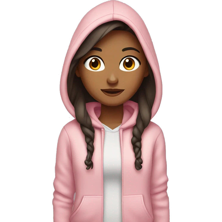 Girl with long dark brown hair, dark eyes and tan skin wearing a light pink hoodie  emoji
