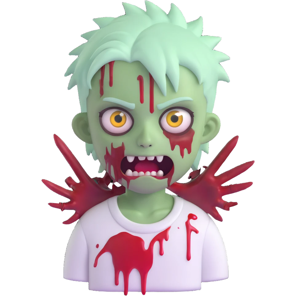 boy zombie emoji with pale whitish green skin, spiky anime hair, blood coming out of eyes, blood on white shirt emoji