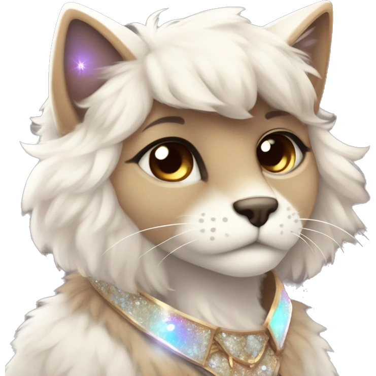 Furry, sparkle, iridescent, colorful, pastel, edgy, cool, fantasy beautiful, brown, beige, white, divine, godly, angelic, animal, anthro, full body, fursona, feline emoji