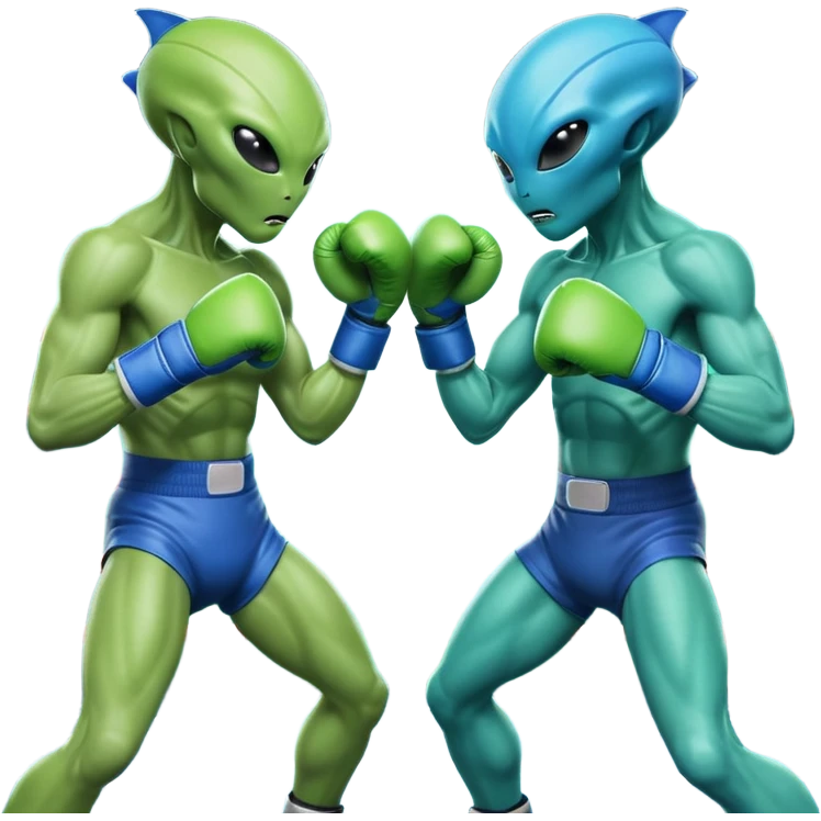 two aliens boxing in a fight stance, facing each other with raised gloves, dynamic action pose, intense expressions, sci-fi arena vibe, 3D cartoon style, mobile game icon style, clean background, no text, no watermark
 emoji