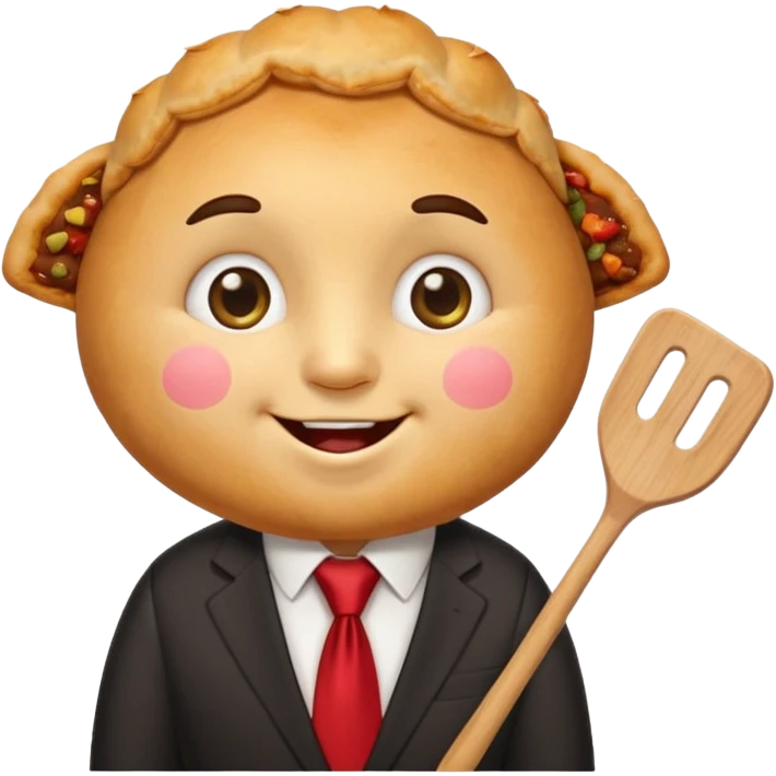 emoji style, happy fried empanada with face, big sparkling eyes, blushing cheeks, two buck teeth, red necktie, holding spatula, thick black outline, golden brown color, very cute and wholesome, transparent background emoji