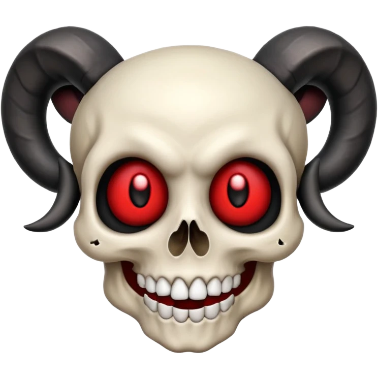 Emoji of mischievous skull with black ram horns, bright red eyes, wide expressive smile, inspired by three attachments, apple emoji style emoji