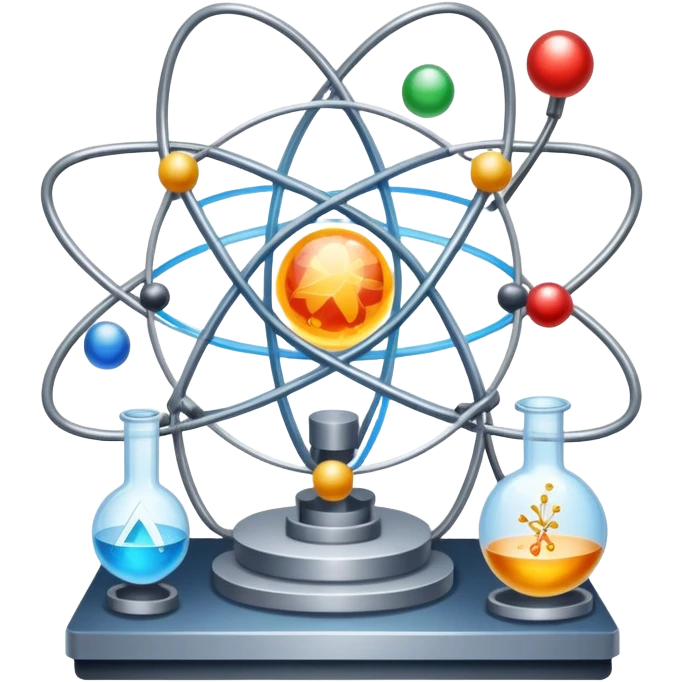 An icon featuring a large particle collider, atom symbols, and energy waves, symbolizing the field of physics. The design includes a lab setup with scientific equipment, representing experiments and fundamental forces of nature. Transparent background highlights the exploration of matter and energy. emoji