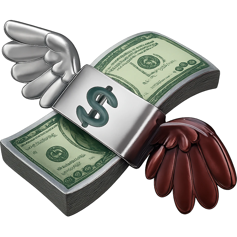 Edit the image to have one wing in chrome silver and the other wing in chrome dark red. Keep the money green and shiny. Remove the background. emoji