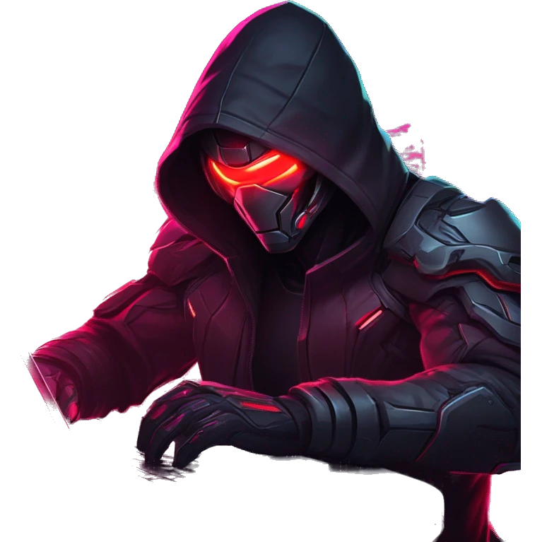 developer behind his laptop with this style : crysis Cyberpunk Riot Games Valorant neon glowing bright red character red dark black hooded assassin themed character emoji