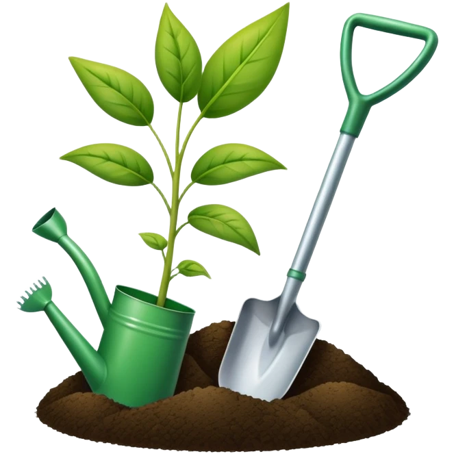 An icon featuring a shovel, a plant symbolizing agronomy. The design includes crops, a field, and a watering can, representing the science of soil management, crop production, and sustainable farming. Transparent background highlights agricultural research and growth. emoji