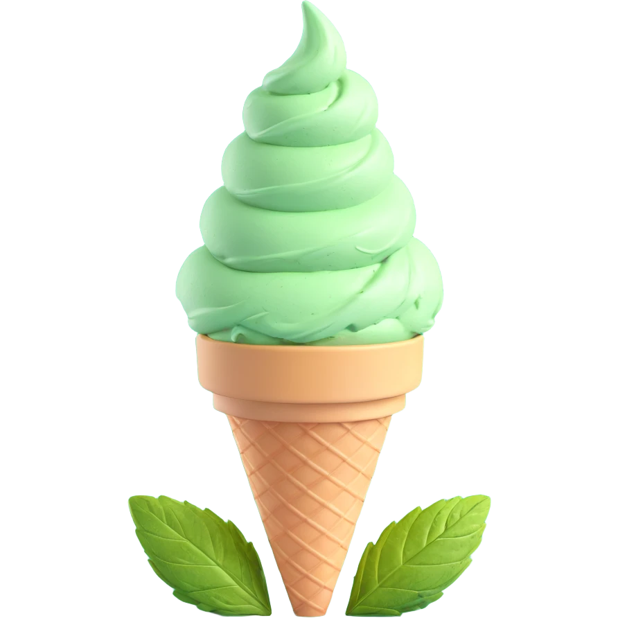 mint ice cream cone with rounded cone, light green ice cream with mint leaves, realistic 3D style emoji