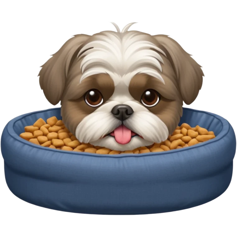 old ALL grey shih tzu in dog bed tongue hanging out bowl of food in front emoji