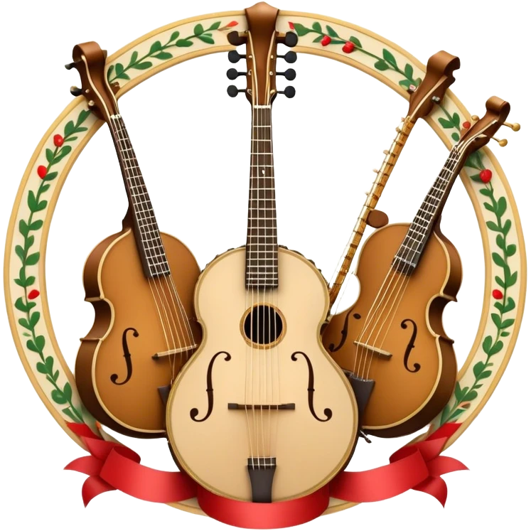 Design a sophisticated and festive emblem-like emoji representing plucked and stringed instruments. The layout should resemble a heraldic crest, featuring iconic instruments like a banjo, mandolin, domra, and sitar, artistically arranged in an elegant and symmetrical way. The necks of the instruments should be intertwined with a flowing ribbon of musical notes, winding around the strings and fretboards. The design should be detailed, showcasing the intricate carvings on the instruments, visible strings, and fret markers. Use a rich color palette with deep golds, browns, and vibrant accents to evoke a sense of luxury and celebration. The musical notes should appear to float around the instruments, connecting them in a graceful, dynamic way. Include ornate flourishes or decorative elements like laurels, swirls, or subtle engravings to give the image a professional, emblematic appearance. The background should be transparent. emoji