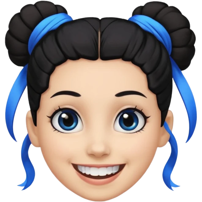 Now tied up her hair in a bun, the on her head is black, but blue bang on front. Bigger eyes and brighter smile, show teeth while smiling emoji