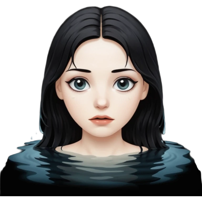 Woman submerged in black water, wet skin and eyes above surface, silent invitation emoji