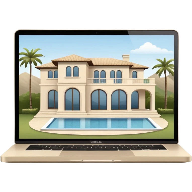 
light beige open macbook sideways with luxury villa on screensaver emoji