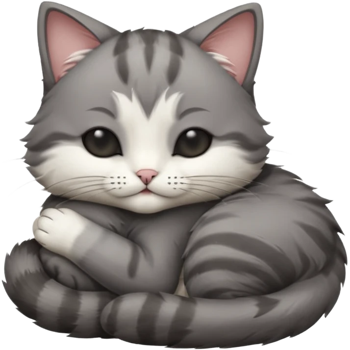 dark grey and white small cat with its eyes closed lying down leaning on its elbow with its paw curled under its head holding it up emoji