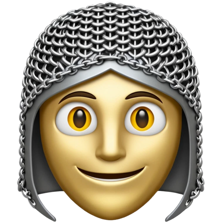 3D render of Medieval Coif, made of interlocking chainmail metal rings, wire mesh texture, visible holes and negative space, metallic silver and grey, high contrast shadows, emoji style, isolated on white background --v 6.0. emoji