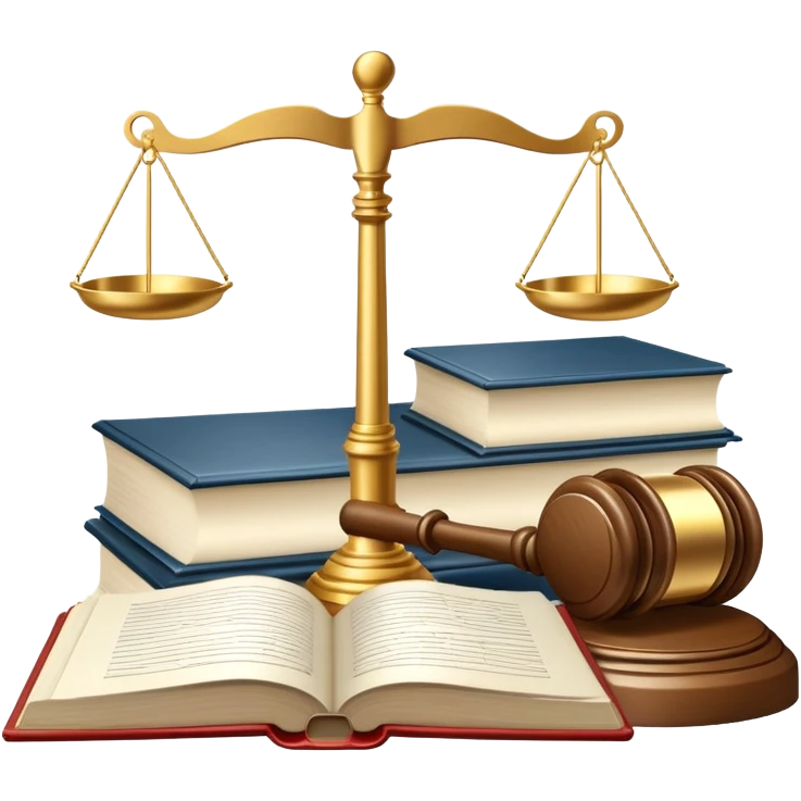 An icon featuring scales of justice, a gavel, and a legal book, symbolizing the study of law. The design includes courthouse pillars in the background, representing authority and legal systems. Transparent background highlights the principles of justice, order, and legal education. emoji