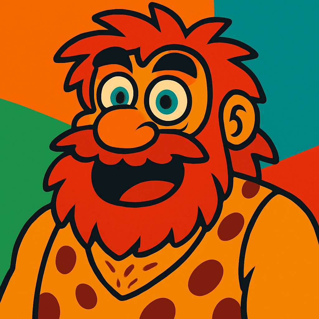 Adjust the Neanderthal man to be even more cartoonish with exaggerated features and bright colors, keeping the blue eyes and beard. emoji