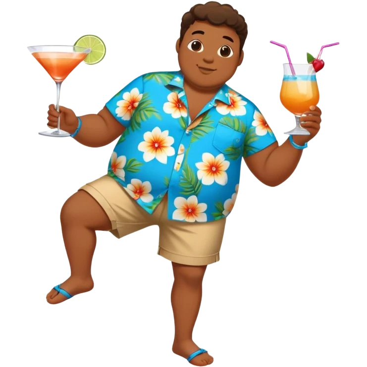 chubby guy full figure in a flowered azure havai shirt, brown shorts and flippers holding a cocktail emoji