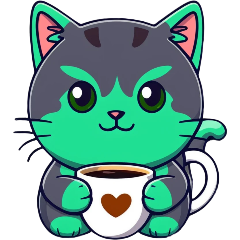 tricolor fluffy cat with big green eyes drinking a cup of coffee emoji