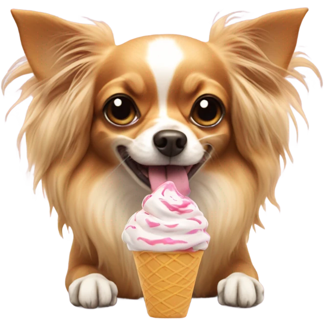Long haired chihuahua eating a big bowl of ice cream emoji