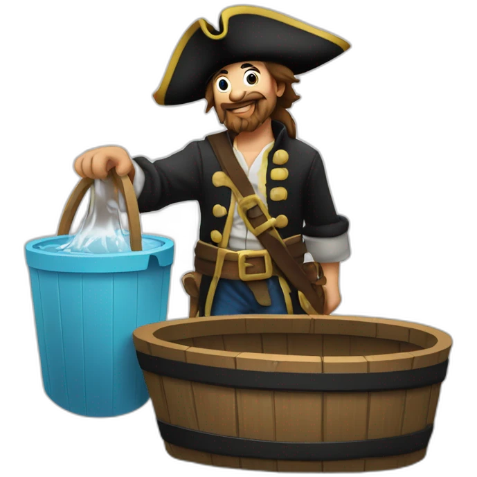 A pirate with an old wooden seal in his hands. He is sending the water that is in the bucket away. emoji