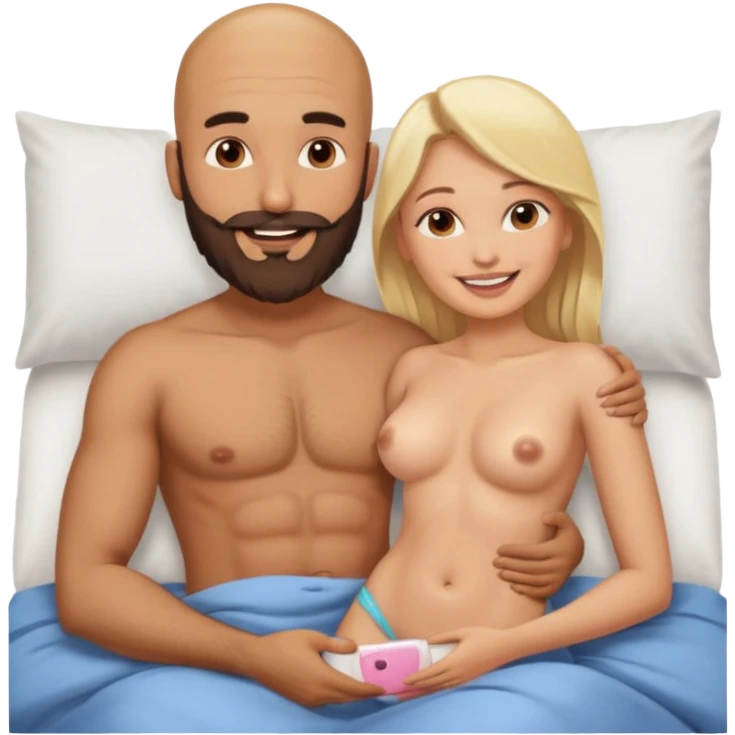 Fully Naked Indian bald man with a beard in bed holding vagina with naked blonde fit woman emoji