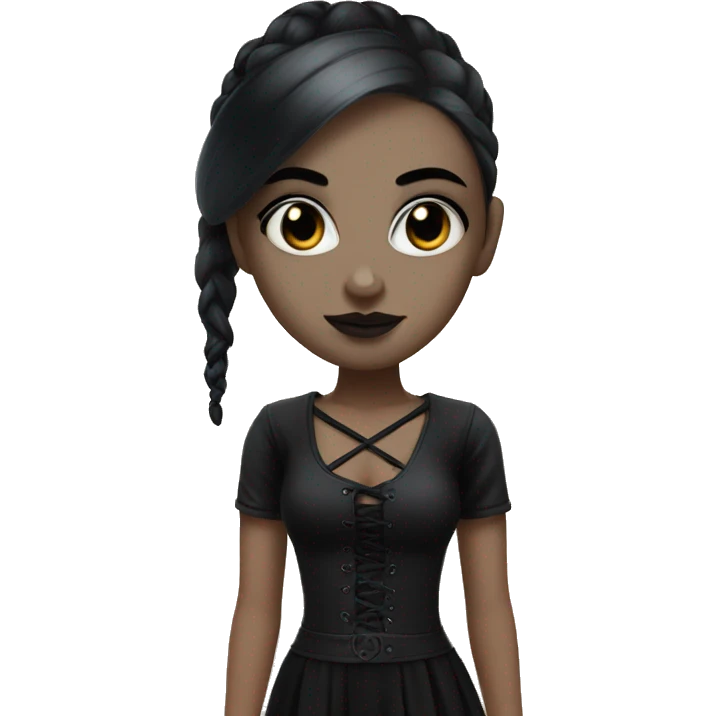 Girl with white skin, black hair in ponytail, gothic makeup, black eyes. emoji