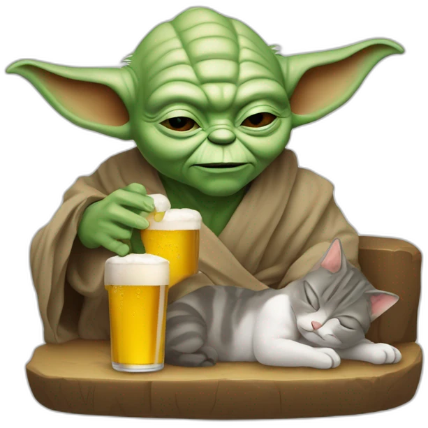 Maître Yoda qui dort avec un chat et une bière une bière emoji