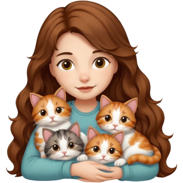 girl with long wavy brown hair cuddling with 6 cute cats emoji