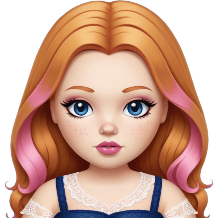 pretty bratz girl, big fat pluz-size, ginger straight hair, freckles, dark blue eyes, pink lips, black eyeliner, pale skin, cute lace girly clothes emoji