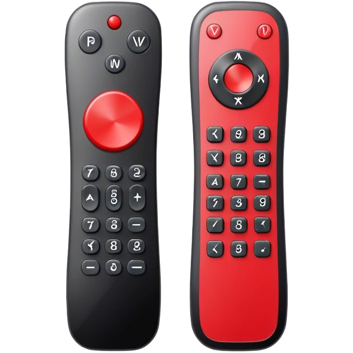 One black tv remote control with red border, frontal face in  2 dimensions. The remote control have to have 4 buttons in black and one big one in red and the play sign emoji