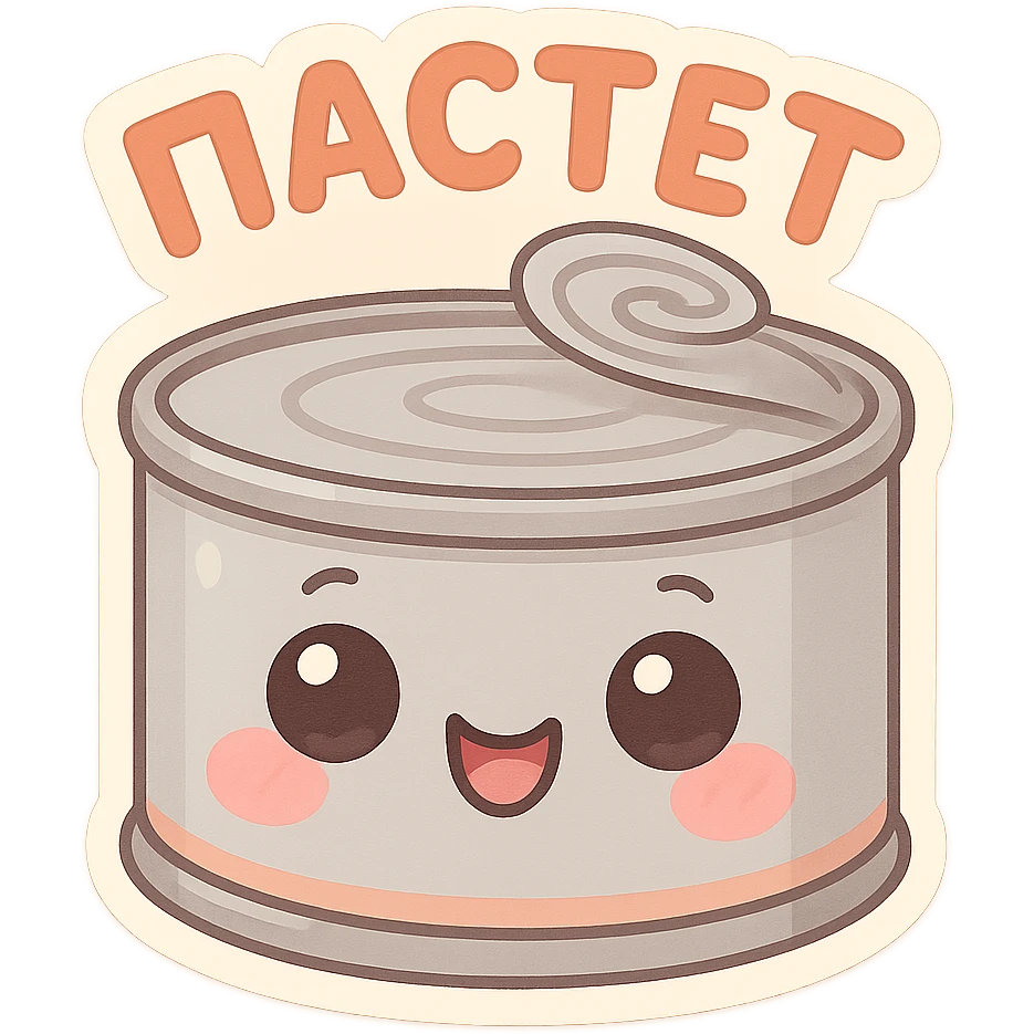 A cute tin can of pâté with big expressive cartoon eyes, smiling and happy face, kawaii style, pastel colors, soft shading, simple background, adorable character design, high quality illustration, playful and funny mood, text on top saying "ПАСТЕТ" in bold cute Cyrillic letters emoji