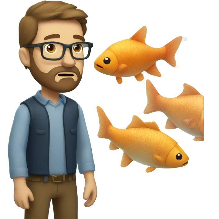 Caucasian man with brown hair and beard wearing glasses looking at big fish tank emoji