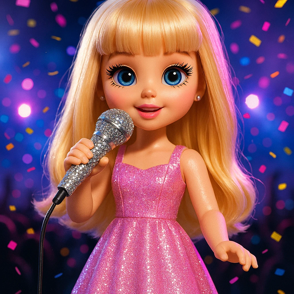 Pretty and girly Blonde pop star with bangs, holding a bedazzled microphone, reimagined as a doll, with a nighttime concert backdrop with colorful confetti emoji