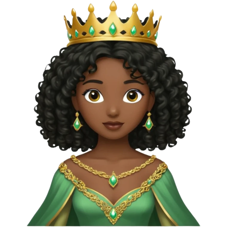 balck princess with black curly hair and a golden tiara. Green dress emoji