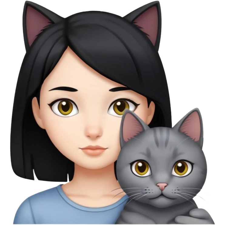 A girl with black hair and a gray cat emoji