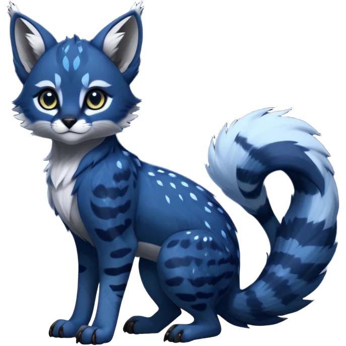 Cute kawaii cool edgy badass  glossy midnight-blue fur with silver starlight dusting fantasy-caracal-civet-genet-sergal-vernid-Gryphon-Cacomistle-Trico-oncilla-animal-Fakémon-hybrid-fursona (full body), facial markings, (realism style) emoji