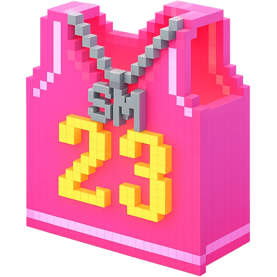 светящейся розовая баскетбольная майка с надписью "23" и серебряная цепь с надписью "SM", no background emoji