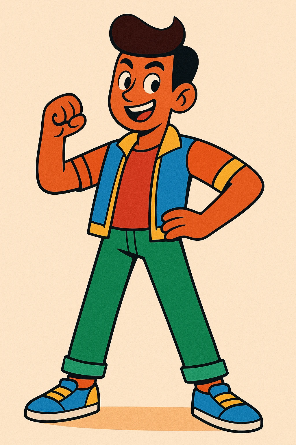 a vibrant, animated young man, exuding confidence and fun, dressed in lively, multicolored attire emoji