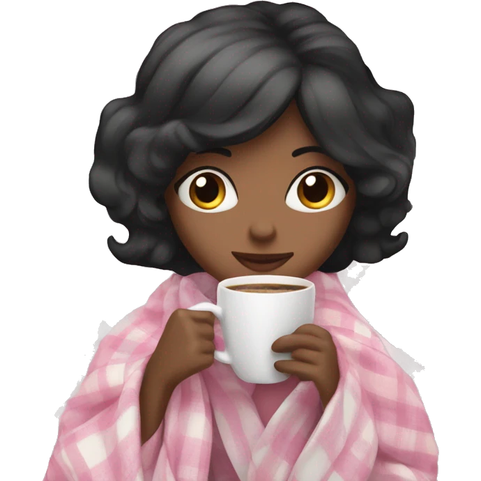 A cute black hair woman wrapped in pastel pink plaid blanket drinking coffee emoji